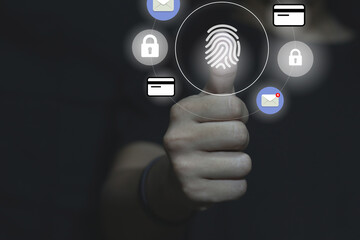 Fingerprint scan provides security access with biometrics identification. Business Technology Safety Internet Concept.