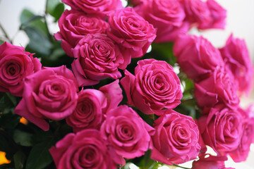 Fototapeta na wymiar Beautiful fresh blooming bouquet of pink roses with green leaves
