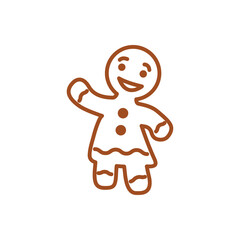 Obraz premium Logotipo de postre de Navidad. Icono silueta de mujer de pan de jengibre con líneas en color marrón