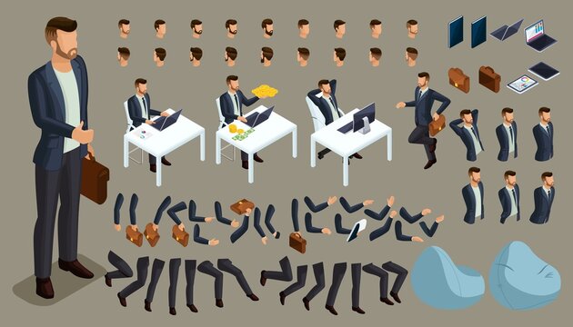 Create your own isometric office worker. 3D businessman. Create person who walks around or sits for vector illustrations