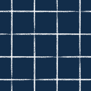 Geometric Grid Lattice Pattern, Hand Drawn Style Brush Stroke Stripes. Classic Design. Simple Plaid Pattern. Dark Blue Navy Color With White Lines. Seamless Pattern Vector.	