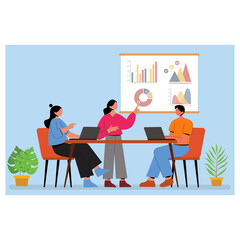 Business meeting. Presentation and discussion of the project. Vector flat style illustration