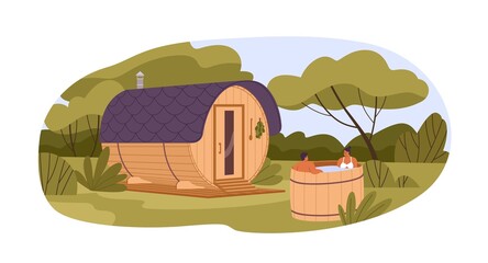 Barrel sauna and couple in wooden water bucket in nature. Wood round banya house. Landscape with people near bathhouse. Outdoor SPA and wellness. Flat vector illustration isolated on white background