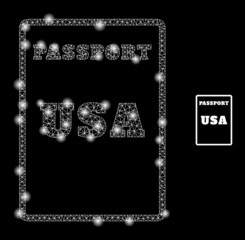 Glossy polygonal mesh web USA passport icon with glitter effect on a black background. Wire frame USA passport iconic vector with flash dots in magic colors.