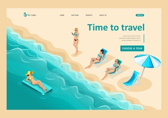 3D isometric, girls relax on the beach. Advertising concept for a travel agency. Vector illustration. Landing Page Concept