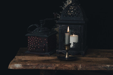 Dark wallpaper romantic scene of books, candles and mystery.