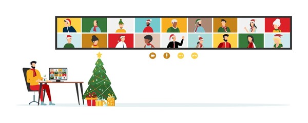 People wishing Merry Christmas and Happy New Year. Celebrating holiday and giving gifts via video call or web conference in 2022. Vector