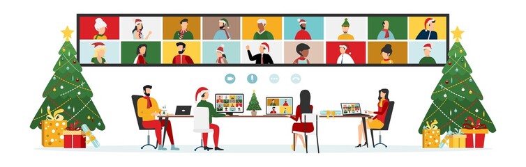 WebPeople wishing Merry Christmas and Happy New Year. Celebrating holiday and giving gifts via video call or web conference in 2022. Vector