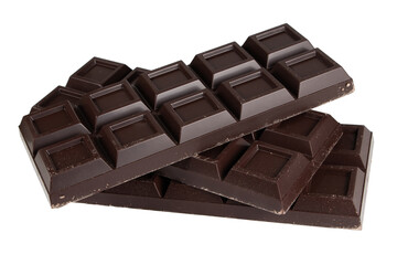 Three black chocolate bars isolated on white background