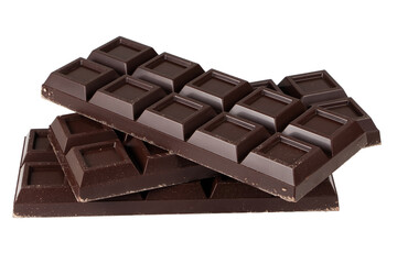 Three black chocolate bars isolated on white background