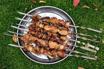 Traditional shashlik on a barbecue skewer on metal plate