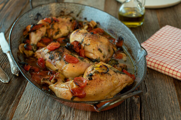 Italian chicken legs with tomatos, chili, garlic, olive oil and herbs
