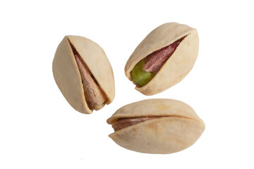 Peeled and unpeeled pistachios on isolated background for package or label design including