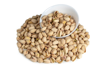 White bowl of pistachios on white background