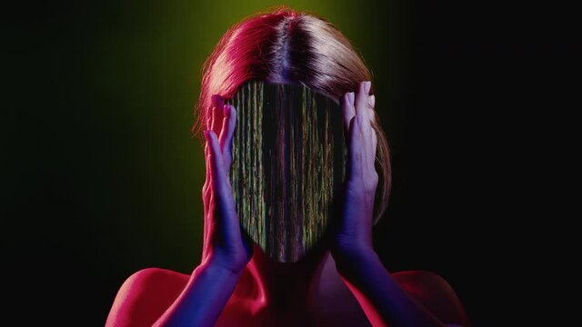 Stress anxiety. Mind control. Information overload. Red blue neon light color glitch disturbed faceless woman silhouette with static noise animation isolated on dark.