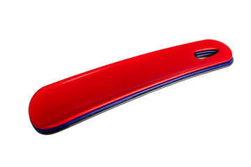 Set of colorful Shoehorns isolated on white background. There is black, blue and red long spoon.