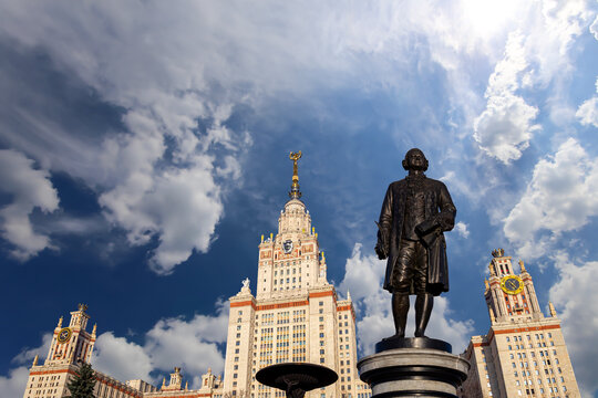 View of the monument to Mikhail Vasilyevich Lomonosov (sculptor N. V. Tomsky and architect L. V. Rudnev, 1953)from building of Moscow State University (MSU), on the background of the sky, Russia