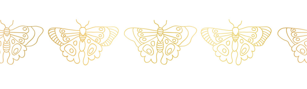 Golden butterfly border. Seamless vector pattern horizontal gold foil butterflies on a white background. Elegant hand drawn design for spring cards, kids decor, surface design, footer, header.