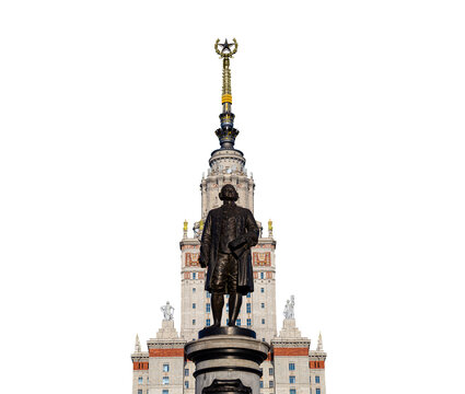 monument to Mikhail Vasilyevich Lomonosov (sculptor N. V. Tomsky and architect L. V. Rudnev,1953)from building of Moscow State University (MSU) , on white background