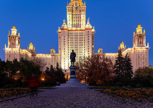 The Main building of Lomonosov Moscow State University on Sparrow Hills (autumn evening). It is the highest-ranking Russian educational institution. Russia