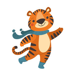 Cute orange tiger waving his paw. vector illustration cartoon style. The anima in blue boots and scarf
