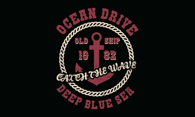 Fototapeta na wymiar Ocean Drive Grunge club racing sailing offshore regatta deep blue sea artwork for tee shirt-1