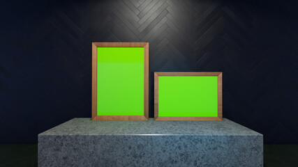 Close up of two photo frames with green copy space on table  - 3D illustration