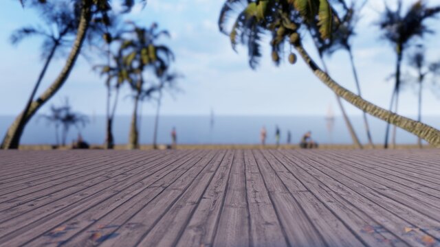 wood deck in front of sea landscape. ready for product display. 3D illustration