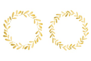 Golden leafy circular frames, vector illustration. Set of beautiful luxury round wreaths. Botanical template for invitation or greeting card.