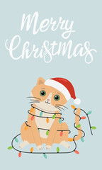 Merry Christmas greeting card with cute cat in Santa Claus hat decorated with garland.