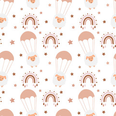 Seamless childish pattern with flying sheep by parachute between the rainbows. Baby texture for fabric, wrapping, textile, wallpaper, clothing. Vector illustration