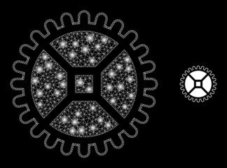 Glossy polygonal mesh net clock gear icon with glare effect on a black background. Wire frame clock gear iconic vector with illuminated dots in bright colors.