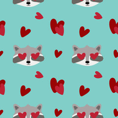 Seamless pattern with raccoons, hearts. Background for wrapping paper, textile, posters, cards. Happy Valentine's day.