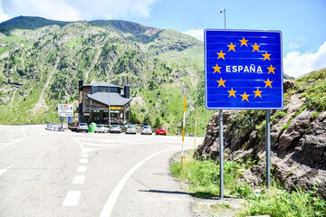European Border between spain and france in the pyrenees mountains, andorra, road sign, europe - 469664960