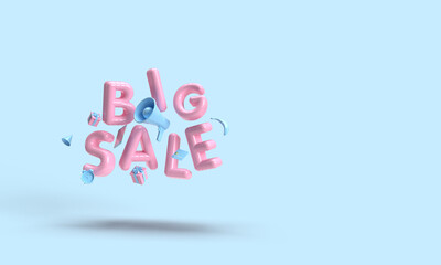 3d blue big discount sale background. Big word SALE illustration with gift boxes, credit card and watches