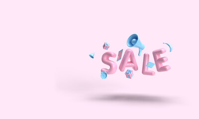 3d pink discount sale background. Big word SALE illustration with gift boxes, credit card and watches.