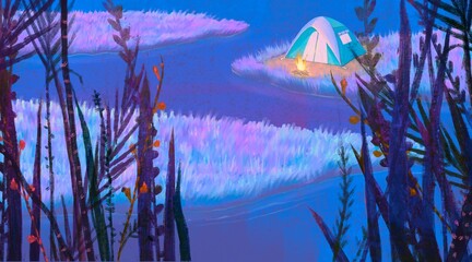 Illustration of camping tent in forest, painting of nature landscape , fantasy art, travel concept artwork