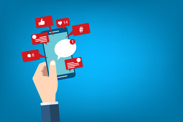 Social Media Smart Phone, Viral content, social media marketing and social media activity - likes, shares and comments popping up on the mobile screen