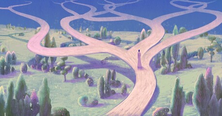 Concept idea art of  choice success hope dream way and motivation. surreal landscape painting.  A woman with floating road , imagination artwork, conceptual illustration, mystery scenery © Jorm Sangsorn
