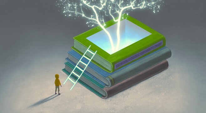 A boy with a book of imagination. Concept idea of education inspiration creative dream child. conceptual art. surreal painting. fantasy 3d illustration.