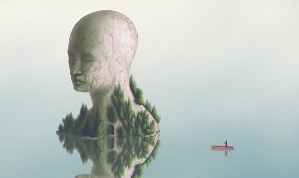 Concept art of nature freedom dream motivation mind soul spiritual success brain and hope. conceptual idea artwork. surreal painting of a man alone on a boat with fantasy island. 3d illustration