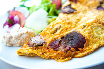 French Omelette with Potatoes, Mushroom and Salad