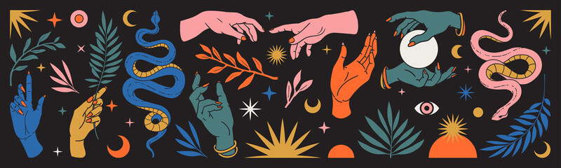 Abstracte mystieke set met handen, slangen, maan, zon, magie, bladeren, bloemenelementen in trendy Boheemse hemelse stijl.
