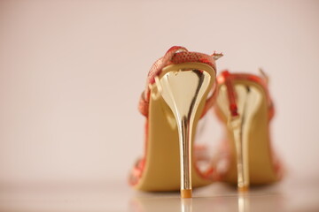 Red female summer sandals with a thin gold heel and a fastener