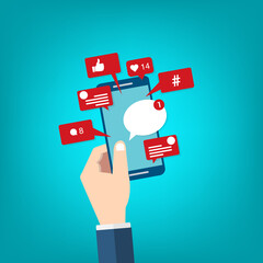 Social Media Smart Phone, Viral content, social media marketing and social media activity - likes, shares and comments popping up on the mobile screen