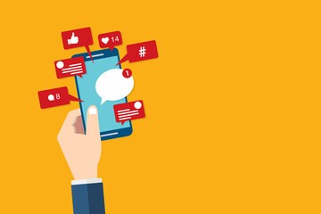 Social Media Smart Phone, Viral content, social media marketing and social media activity - likes, shares and comments popping up on the mobile screen