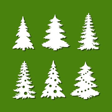Set of Christmas trees. White silhouettes of fir trees, pines, spruces on a green background. Decorated with balls, garlands. Template for plotter laser cutting of paper, metal engraving, wood 