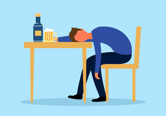 Adult drunk man sleeping with beer glass and alcohol bottle on table in flat design. Alcoholic character. Alcohol addiction.