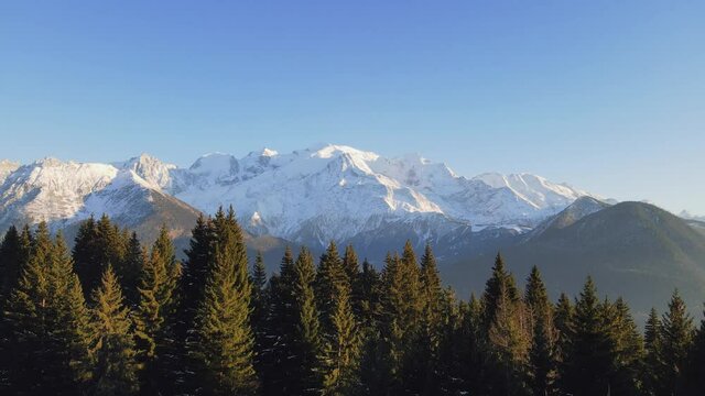 Mont Blanc mountain in Chamonix, France with fir and spruce tree in foreground. Scenic alpine mountain landscape. 4k 60 fps video footage.