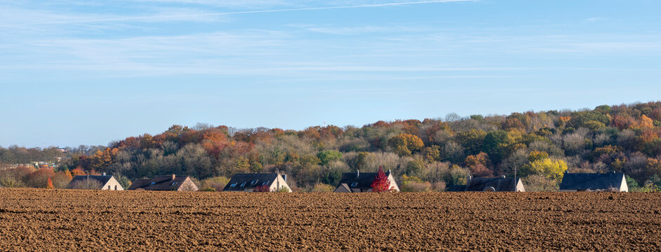 Plowed Field And Houses Near Forest In Wallonia Not Far From Namur